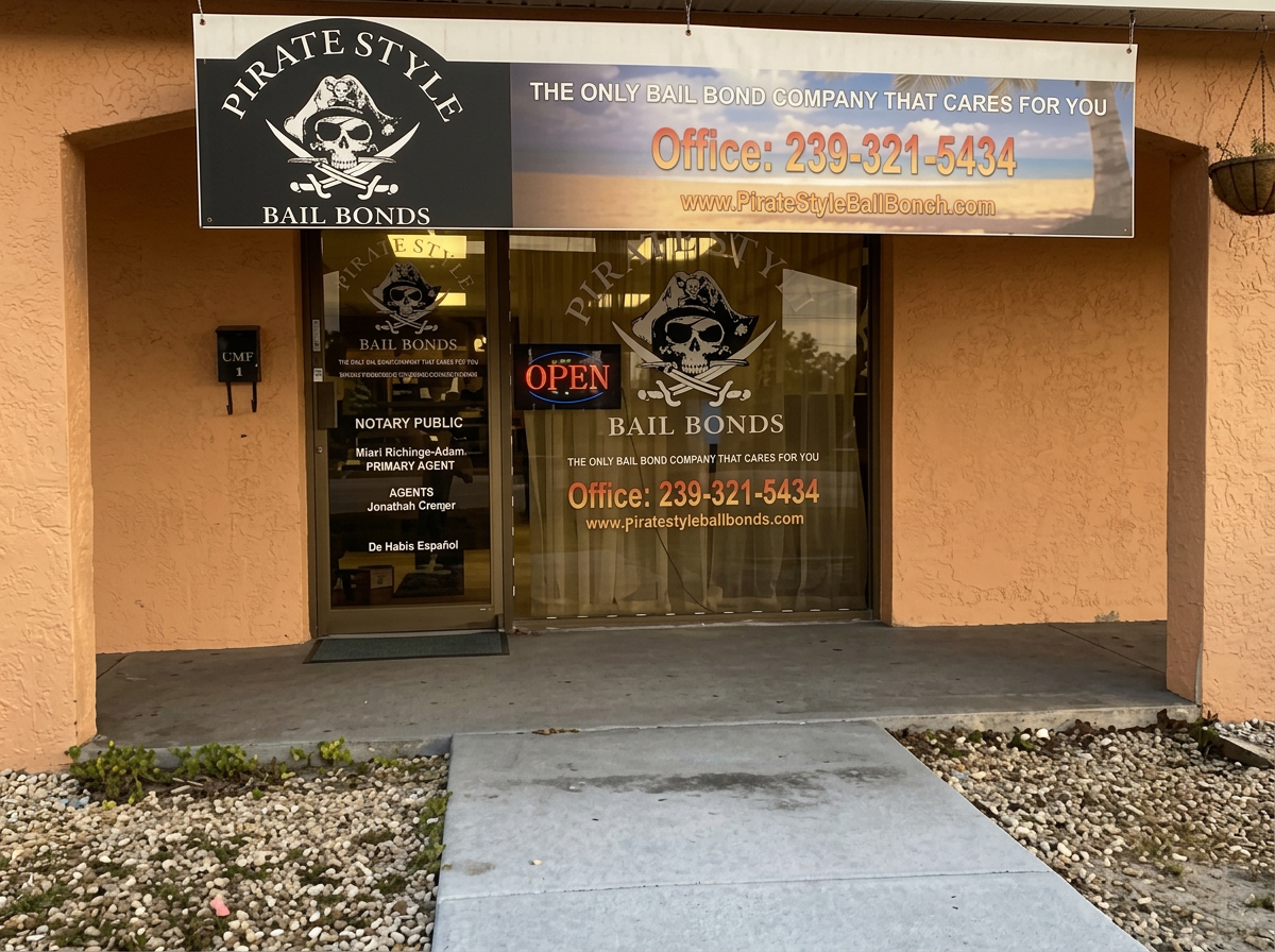 Pirate Style Bail Bonds storefront at 705 Pondella Road, North Fort Myers, FL